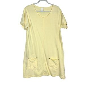 Hot Cotton Pale Yellow T-Shirt Dress Women Large Pockets Short Sleeve Knit Shift